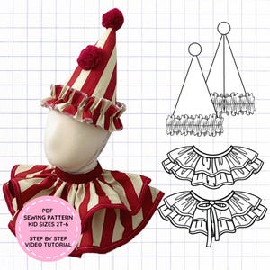 May include: A red and cream striped cone-shaped hat with a pom-pom and a matching ruffled collar. The image includes a technical line drawing of the hat and collar, with text stating PDF SEWING PATTERN KID SIZES 2T-6 STEP BY STEP VIDEO TUTORIAL.