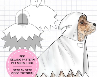 May include: A digital sewing pattern for a pet ghost costume featuring a white hooded cape with a jagged hemline. The illustration shows a dog wearing the cape and includes technical line drawings of the garment. Text reads PDF SEWING PATTERN PET SIZES S-XXL STEP BY STEP VIDEO TUTORIAL.