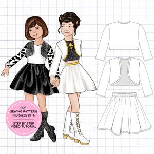 May include: A PDF sewing pattern for children's sizes 2T-6, featuring a step-by-step video tutorial. The illustration shows two figures wearing long-sleeved bolero jackets and skirts, alongside technical line drawings of the jacket and skirt.