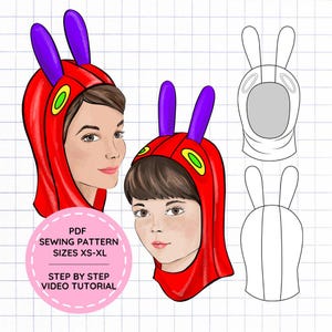 Peut inclure: Une illustration numérique d'une capuche rouge avec des antennes violettes et des accents verts, portée par deux personnes. Inclut un badge circulaire rose avec le texte PDF SEWING PATTERN SIZES XS-XL STEP BY STEP VIDEO TUTORIAL et deux croquis.