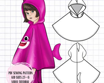 PDF Kids Shark Poncho Sewing Pattern Kids Sizes 2T-6