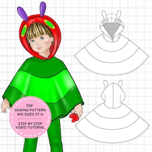 Peut inclure: Une illustration numérique d'un enfant portant un poncho vert avec une capuche chenille rouge, des antennes violettes et des yeux jaunes. Un badge rose indique PDF SEWING PATTERN KID SIZES 2T-6 STEP BY STEP VIDEO TUTORIAL. Inclut des croquis.