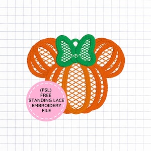 May include: An orange pumpkin-shaped embroidery design with a green bow, featuring a lattice-style stitch pattern. A pink circular label is overlaid on the bottom left, containing the text (FSL) FREE STANDING LACE EMBROIDERY FILE.