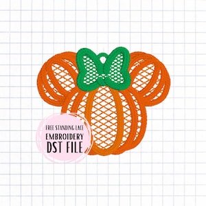 May include: Orange and green free-standing lace embroidery design of a pumpkin with a bow. The design is for a machine embroidery file in DST format.
