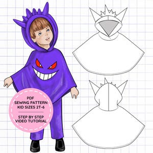 Peut inclure: Un patron de couture PDF numérique pour un poncho à capuche violet avec un visage de personnage aux yeux rouges et un large sourire. Le patron inclut les tailles enfant 2T-6, un tutoriel vidéo étape par étape et des croquis techniques.