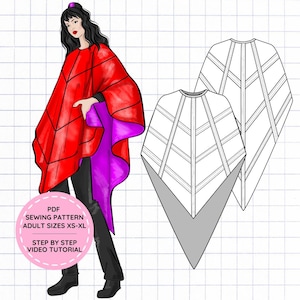 May include: A digital illustration of a poncho sewing pattern featuring a red outer layer with a purple lining, shown on a figure and as a flat technical sketch. The pink circular text reads: PDF SEWING PATTERN ADULT SIZES XS-XL STEP BY STEP VIDEO TUTORIAL.