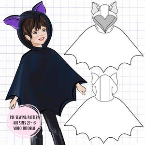 Puede incluir: Ilustración de un niño con un disfraz de murciélago negro con detalles morados en las orejas. El disfraz incluye una capa con capucha con bordes de alas de murciélago. También se muestra un patrón con el texto "PDF SEWING PATTERN KID SIZES 2T-6 VIDEO TUTORIAL".