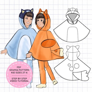 Puede incluir: Una ilustración digital de dos niños con capas de animales con capucha en azul claro y naranja, junto a dibujos técnicos en blanco y negro. Una insignia circular rosa muestra el texto PDF SEWING PATTERN KID SIZES 2T-6 STEP BY STEP VIDEO TUTORIAL.