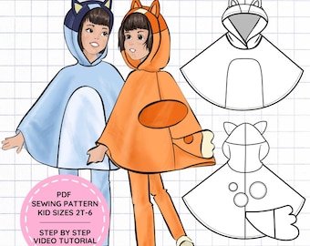 May include: A digital illustration of two children wearing hooded animal capes in light blue and orange, alongside black and white line art technical drawings of the capes. A pink circular badge displays the text PDF SEWING PATTERN KID SIZES 2T-6 STEP BY STEP VIDEO TUTORIAL.