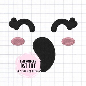 May include: An embroidery file design featuring a cartoon face with black eyebrows, a black mouth, and pink cheeks. The text "EMBROIDERY DST FILE" is in a pink circle. The design measures 18 x 15 cm.