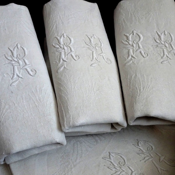 6 antique French linen damask dinner napkins, hand embroidered RR monograms. French Trousseau .