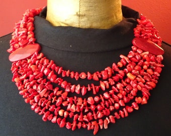 Red Coral Chunky Statement Necklace.Multi-Strand Boho Coral Necklace