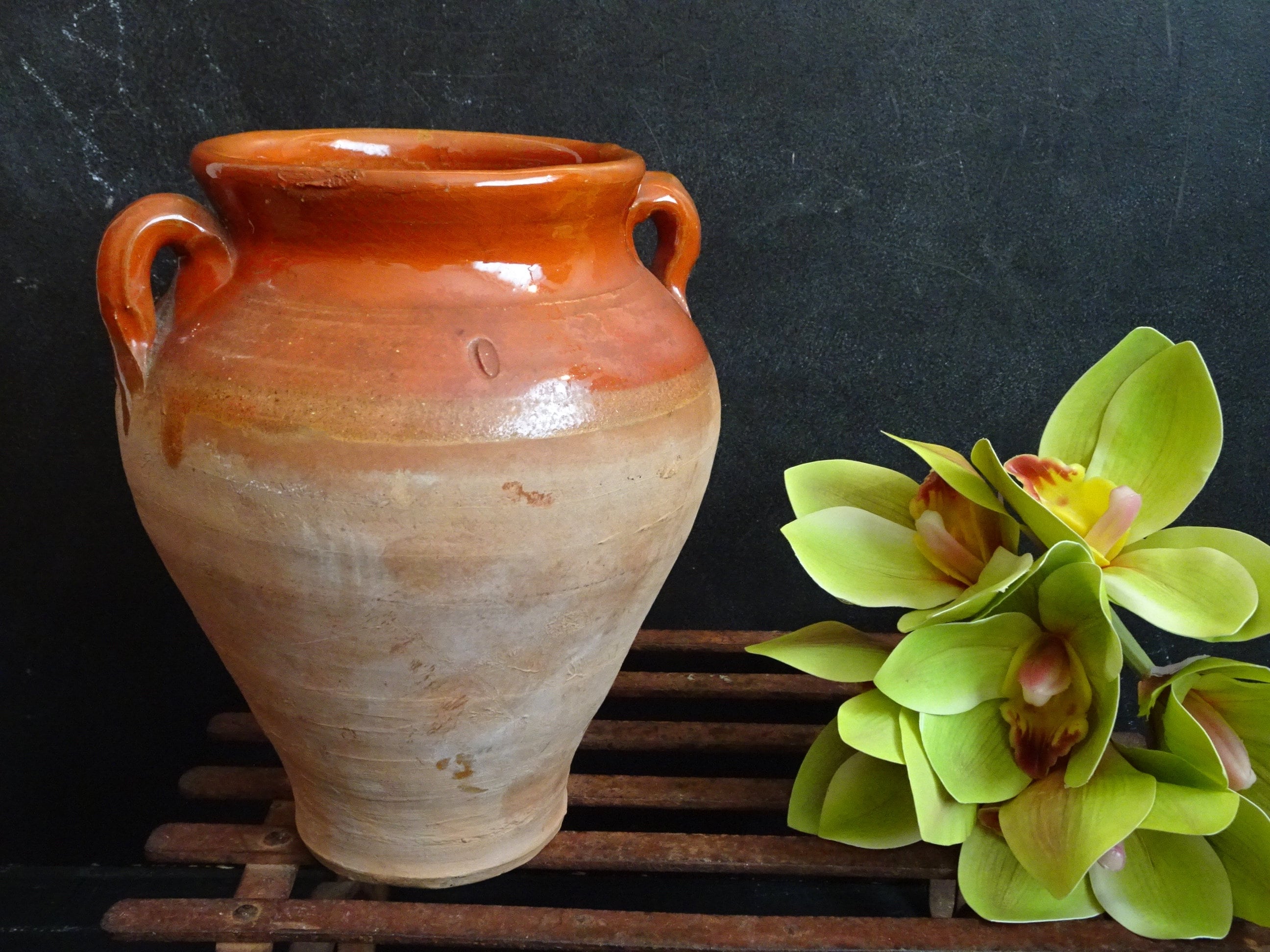French Glazed Terracotta Confit Pot. Antique French Pottery