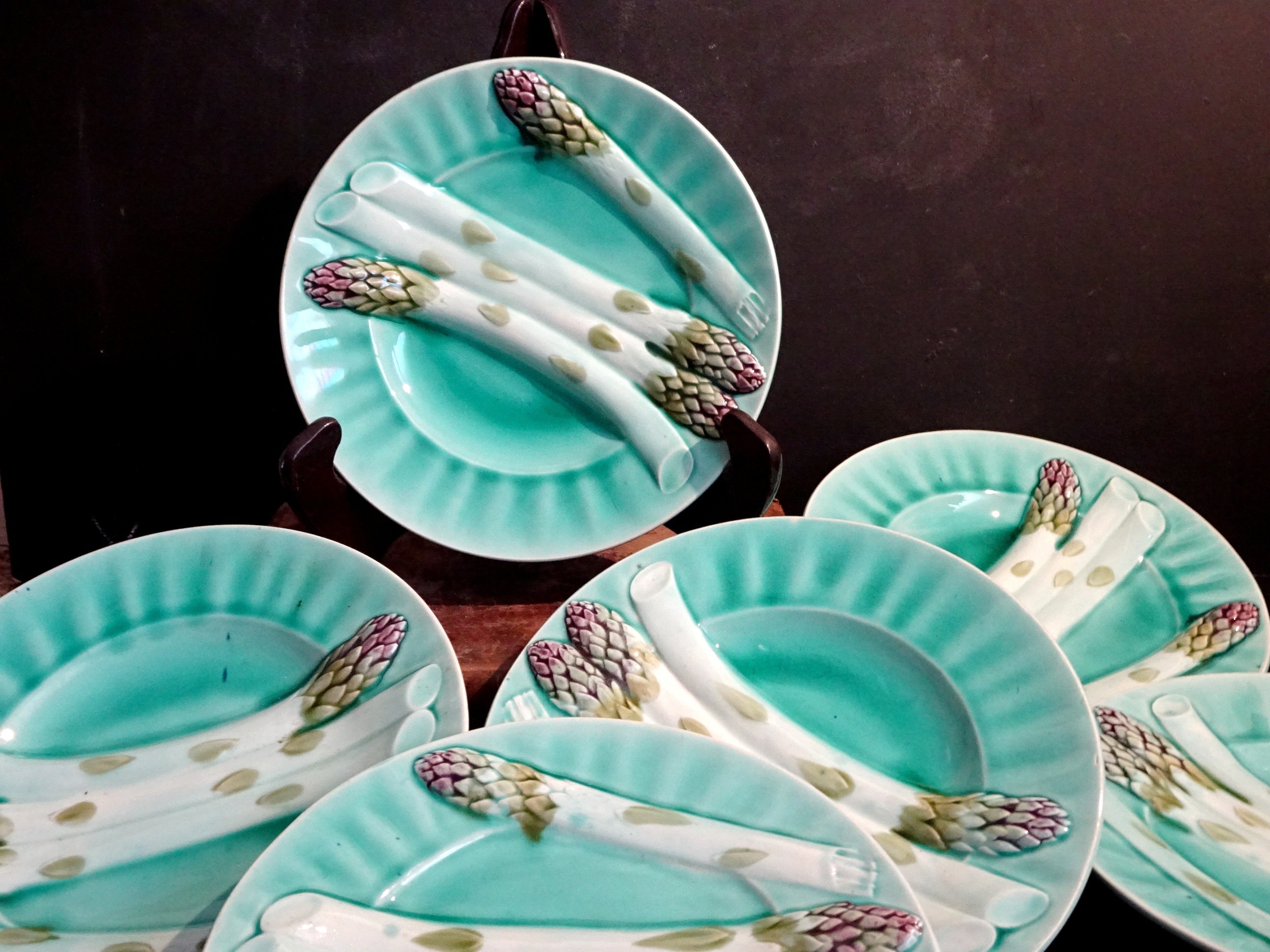 6 Antique French Asparagus Plates. Majolica Plates Luneville From Keller et Guerin