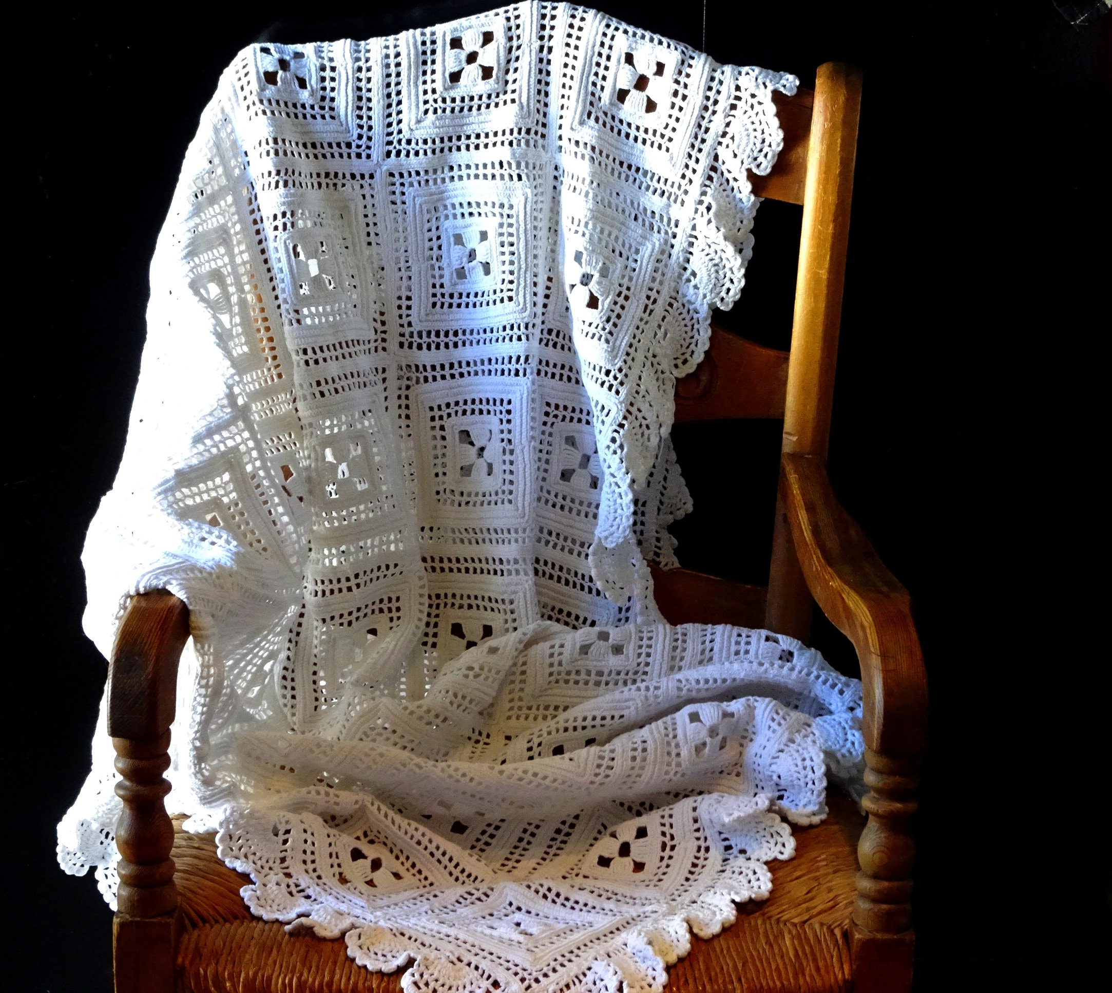 Hand Crocheted Throw Blanket. White Pure Cotton