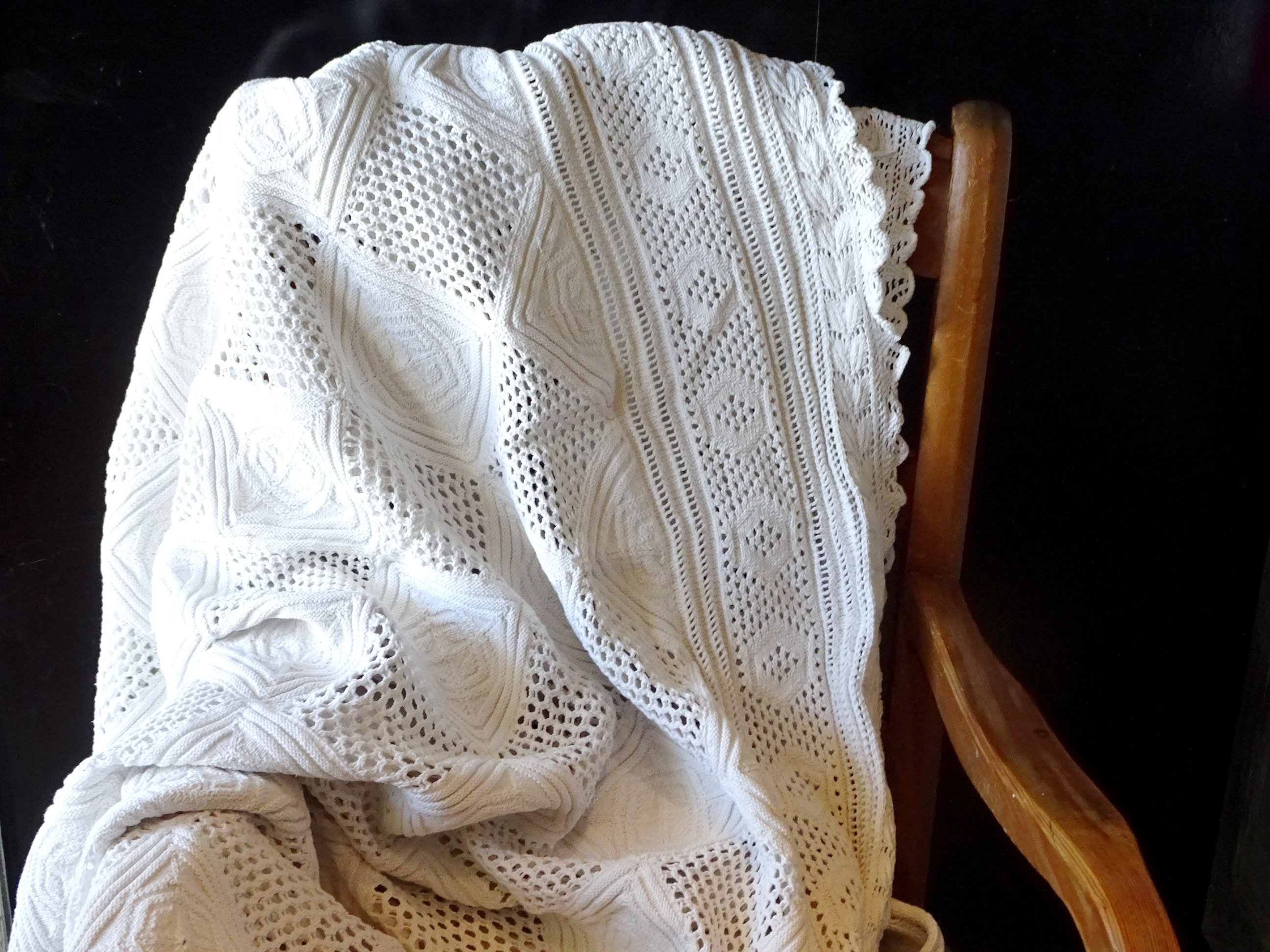 Large Antique French Hand Knitted Pure Cotton Throw, Vintage Bed Cover.