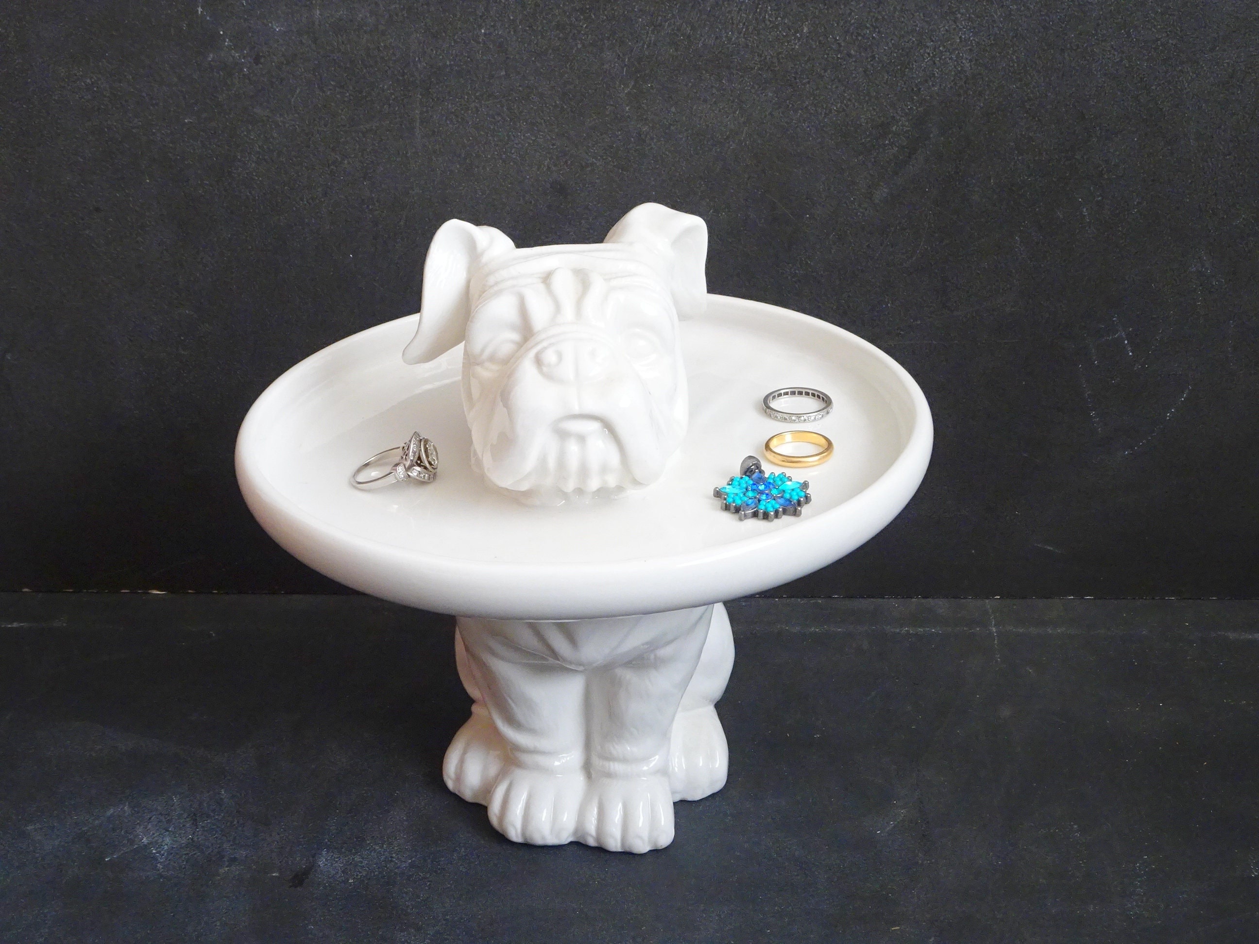 White Ceramic Bulldog Pedestal Stand. Jewelry Holder, Trinket Dish