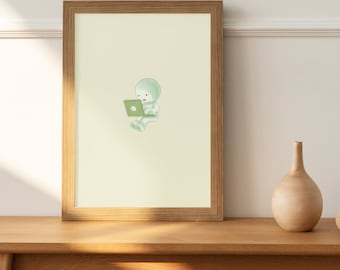 Green Smiski Researching Poster | Funny Wall Art (Digital Download)