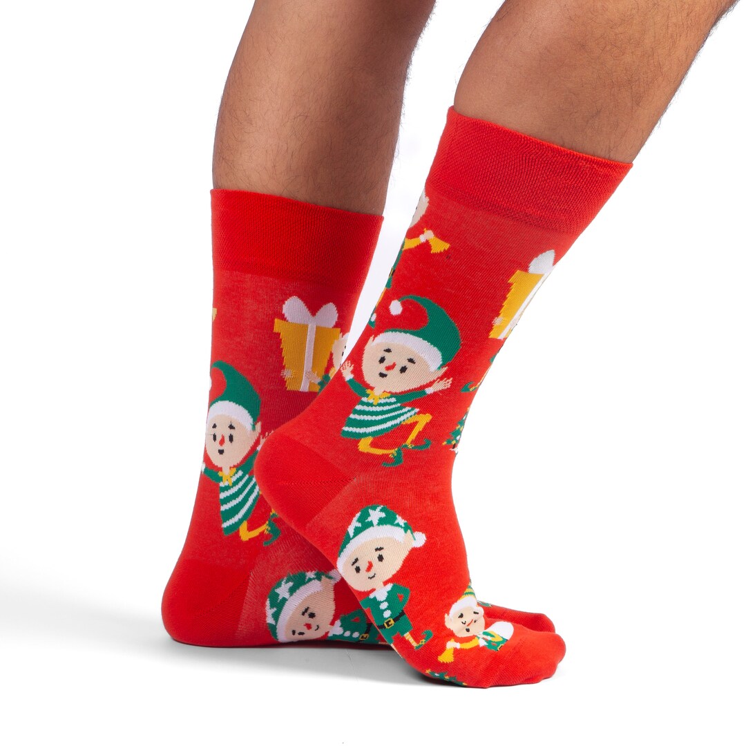 Elf Socks Gift for Neighbor Christmas Gift, Red Patterned Family