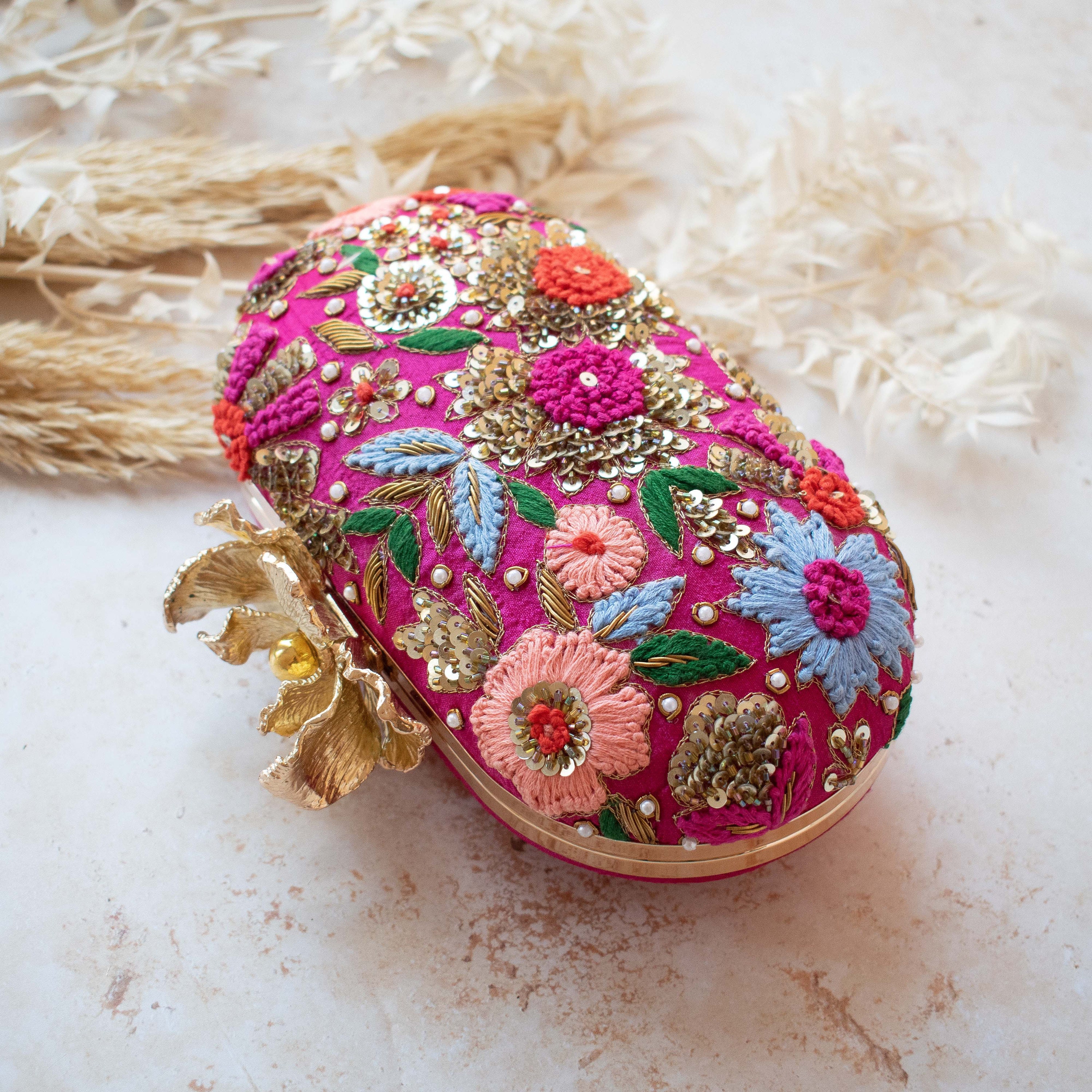 Pink Bloom Embroidery Clutch Bridal Handbag Indian Bride Designer Atiya Choudhury Gift for Her Diwali Gift Ideas
