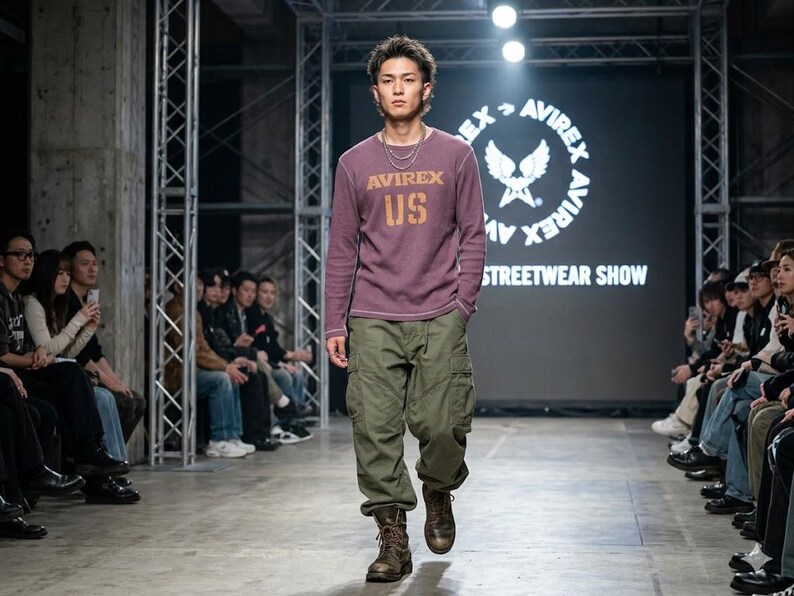 May include: A long-sleeve purple thermal shirt with the text AVIREX US printed in gold on the chest, paired with olive green cargo pants featuring side pockets and brown leather lace-up boots, worn during a fashion show with a branded backdrop.