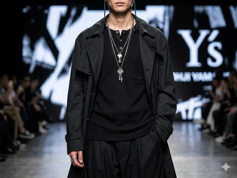 Puede incluir: Una camiseta negra de manga larga tipo henley con bolsillo en el pecho, usada debajo de una gabardina negra. El conjunto se complementa con dos collares plateados superpuestos con colgantes en forma de llave y un anillo de plata.