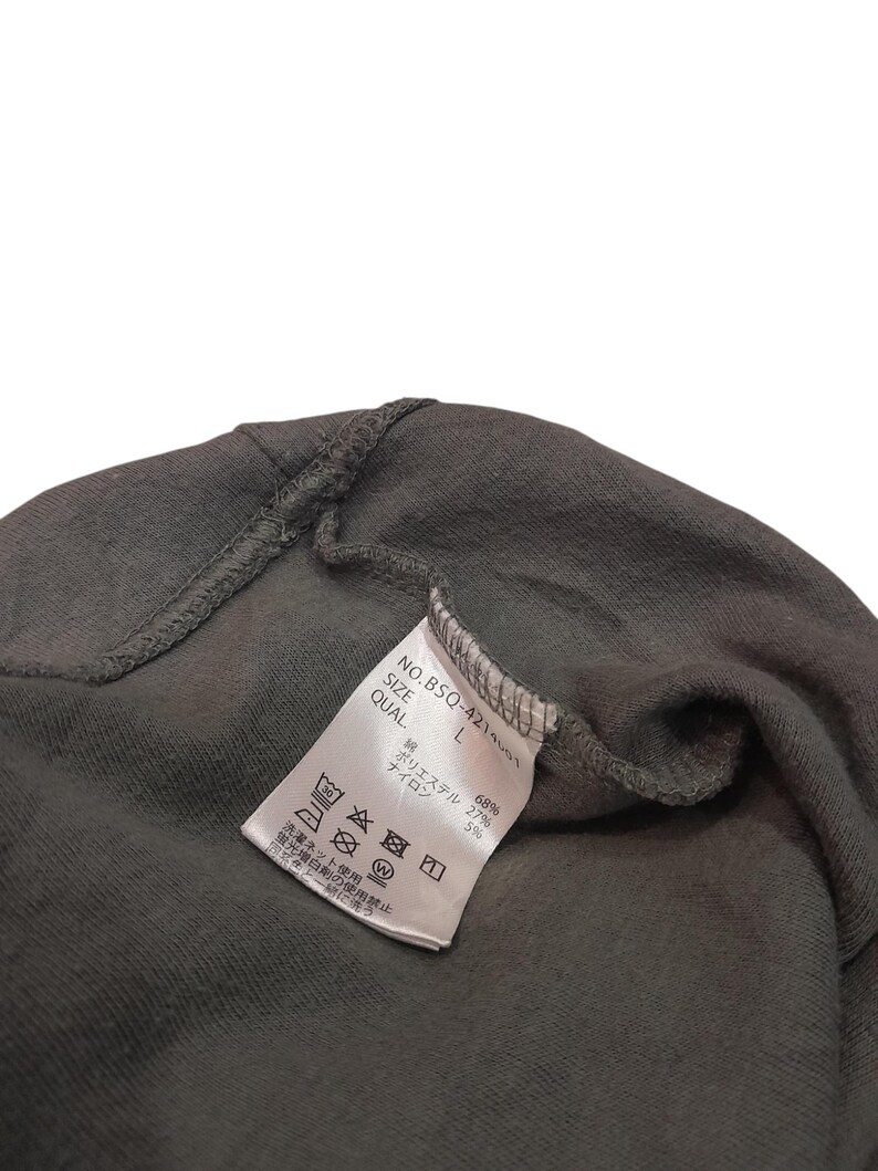 May include: Close-up of a dark gray garment with a white tag. The tag displays text including "NO.BSQ-4211", "SIZE L", and fabric composition percentages. Washing instructions are also visible.