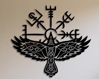 Nordic Raven Metal Viking Wall Art Decor, Viking Symbol Metal Wall Art, Vegvisir Metal Wall Art, Metal Norse Mythology Art, Nordic Decor