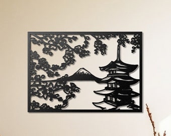 Berg Fuji Metallwandkunst, Kirschblüte und japanischer Pagode Dekor
