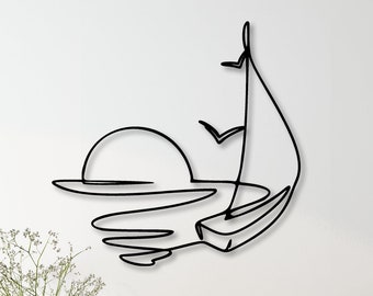Sun and Sail Metal Wall Decor, Sun Metal Wall Art, Sea Lover Gift, Nautical Wall Decor, Sea Life Line Wall Art, Sailing Boat Metal Wall Art