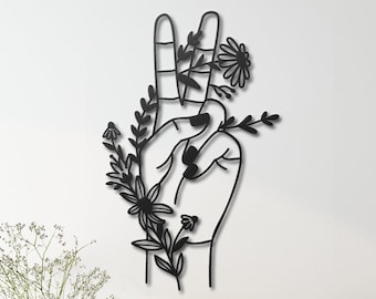 Vredesteken met bloem metalen wanddecoratie, vredessymbool teken metalen wandkunst, overwinningsgebaar met bloemenmuurkunst, één lijntekening Home Decor