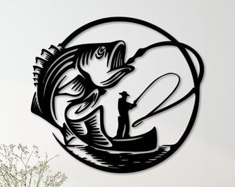 Fishing Metal Wall Art, Fishing On The Boat Metal Wall Art, Man Catching a Fish Wall Decor, Fisherman Wall Decor, Father&#39;s Day Gift
