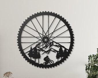 Mountain Bike Metal Wall Art, Biker Metal Wall Decor, Cyclist Wall Hanging, Bicycle Wheel Decor, Cycling Gifts for Men, Biker Gifts for Him