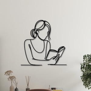 Minimalist Line Art, Metal Wall Art, Women Reading a Book Metal Wall Decor, Modern Home Decor,  Unique Wall Art, Book Lover Art, Handmade