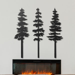 Arte murale in metallo a forma di albero di pino, set di 3 cartelli con alberi, decorazione extra large con alberi, decorazione per camino in stile fattoria, decorazione per natura e foresta, arte murale per esterni
