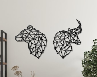 Bull and Bear Metal Wall Hangings, Stock Market Wall Art, Trading Metal Wall Art, Crypto Bitcoin Black Metal Wall Art, Geometric Artwork