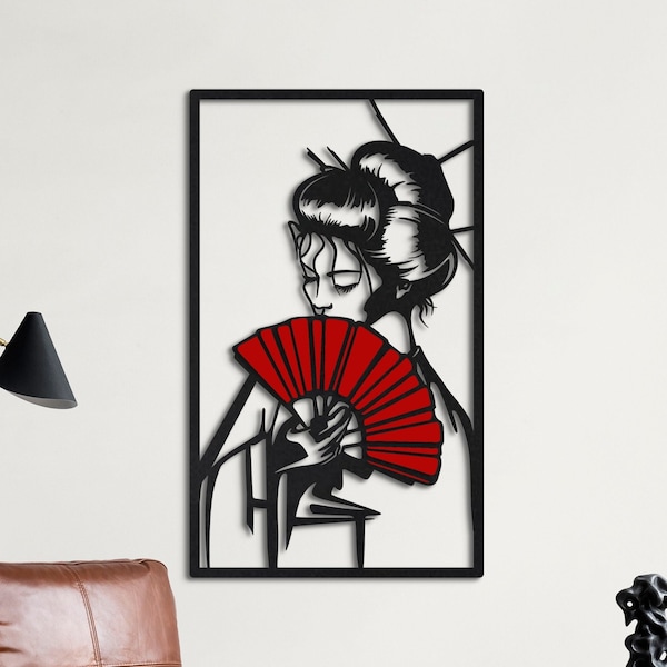 Arte mural japonés de geishas, decoración asiática de metal negro mate