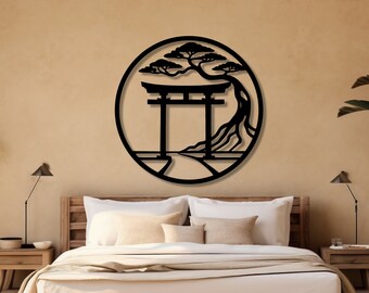Japanese Torii Gate Metal Wall Art, Bonsai Tree Decor