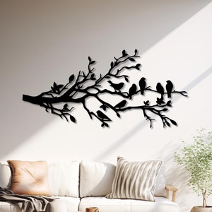 Decoração de pássaros em galhos, arte de parede de pássaros em metal, arte de parede com placas de pássaros, decoração acima da cama, arte de parede para sala de estar, decoração boho para casa, decoração de pássaros para presente