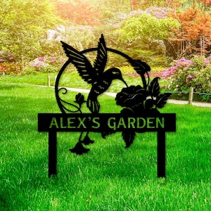 Custom Hummingbird Metal Yard Decor, Custom Garden Name Sign, Bird with Stakes Garden Sign,Flower Design Personalized Garden Sign, Home Gift