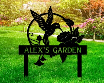 Custom Hummingbird Metal Yard Decor, Custom Garden Name Sign, Bird with Stakes Garden Sign,Flower Design Personalized Garden Sign, Home Gift