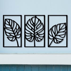Metalowa dekoracja ścienna z tropikalnymi liśćmi, 3 zestawy metalowych dekoracji, metalowa dekoracja ścienna z liśćmi Monstery, grafika z motywem roślinnym, boho, nowoczesna sztuka rustykalna, prezent dla niej