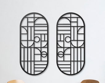 Metalowa dekoracja ścienna w stylu Mid Century Modern, abstrakcyjny geometryczny wystrój, zestaw 2 sztuk