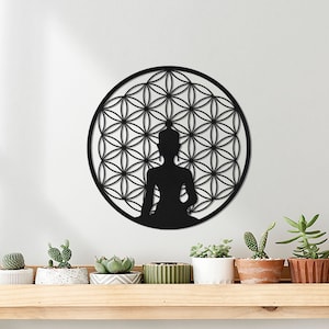 Flower of Life With Buddha Metal Wall Art, Yoga Wall Decor, Large Metal Wall Art, Lotus Wall Art, Above Couch Deco, Flower Wall Decor