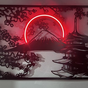 Mountain Fuji Japan Metal Wall Art, Asia Wall Art, Mt Fuji Japan Wall Decor, Cherry Blossom Wall Art, Neon Led Wall Art, Japan Neon Sign