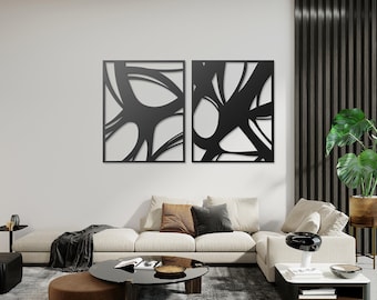 Zestaw 2 abstrakcyjnych metalowych dekoracji ściennych, wystrój domu w stylu Mid-Century Modern
