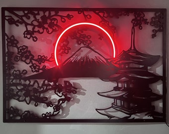 Mountain Fuji Japan Metal Wall Art, Asia Wall Art, Mt Fuji Japan Wall Decor, Cherry Blossom Wall Art, Neon Led Wall Art, Japan Neon Sign