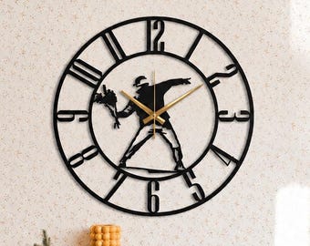 Banksy Metal Wall Clock, Modern Silent Pop Art, Black Steel Home Decor