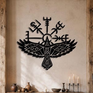 Nordic Raven Metal Viking Wall Art Decor, Viking Symbol Metal Wall Art, Vegvisir Metal Wall Art, Metal Norse Mythology Art, Nordic Decor