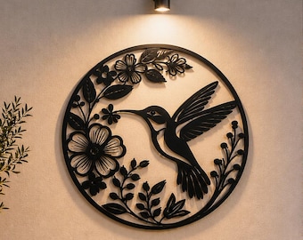 Adorno de pared de metal con forma de colibrí, decoración floral para jardín.